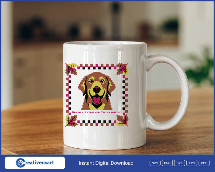 Golden Retriever Thanksgiving woodblock print style portrait SVG design on a white coffee mug
