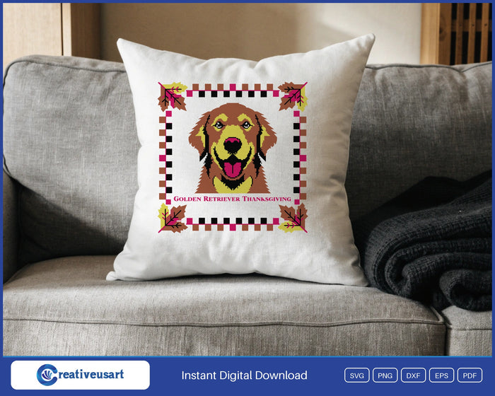 Golden Retriever Thanksgiving woodblock print style portrait SVG design on a white throw pillow