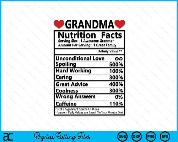 Grandma Nutrition Fact SVG PNG Cutting Printable Files