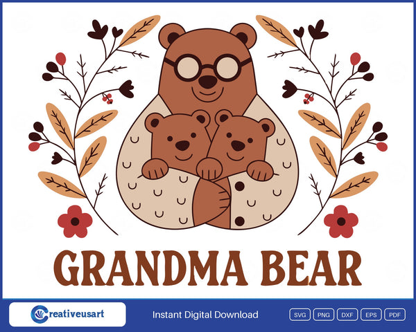 Grandma Bear folk art SVG, a bear in round glasses hugging two cubs framed by autumn leaves and red flowers