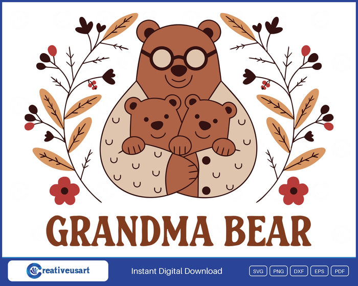 Grandma Bear folk art SVG, a bear in round glasses hugging two cubs framed by autumn leaves and red flowers