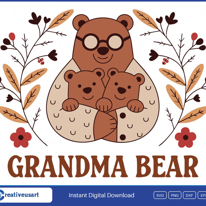 Grandma Bear folk art SVG, a bear in round glasses hugging two cubs framed by autumn leaves and red flowers