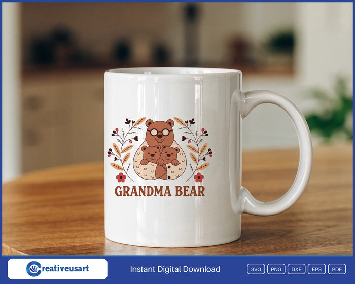 Grandma Bear folk art design on a white coffee mug