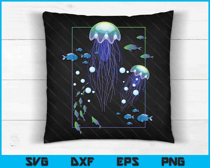 Graphic Jellyfish And Fishes In Sea SVG PNG Digital Cutting Files