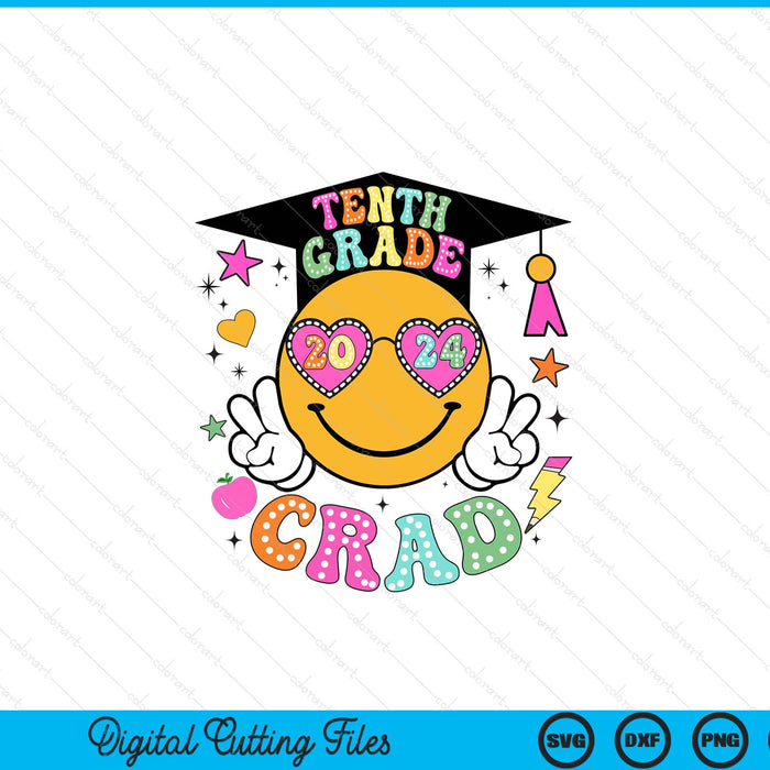Groovy 10th Grade Graduate Happy Face Graduation 2024 Grad SVG PNG Digital Cutting Files