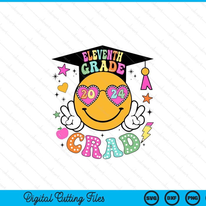 Groovy 11th Grade Graduate Happy Face Graduation 2024 Grad SVG PNG Digital Cutting Files