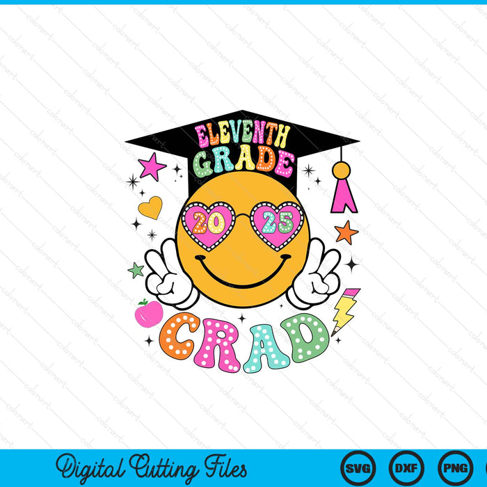 Groovy 11th Grade Graduate Happy Face Graduation 2025 Grad SVG PNG Digital Cutting Files