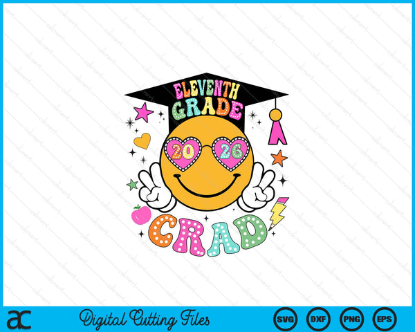 Groovy 11th Grade Graduate Happy Face Graduation 2026 Grad SVG PNG Digital Cutting Files