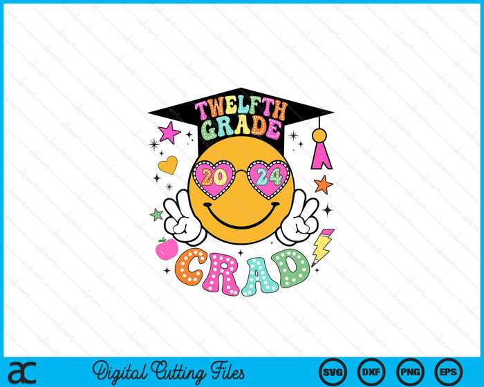 Groovy 12th Grade Graduate Happy Face Graduation 2024 Grad SVG PNG Digital Cutting Files