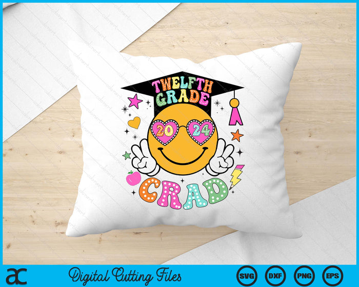 Groovy 12th Grade Graduate Happy Face Graduation 2024 Grad SVG PNG Digital Cutting Files