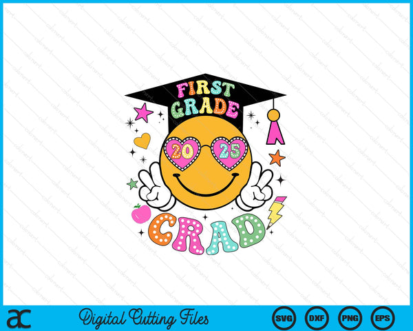 Groovy 1st Grade Graduate Happy Face Graduation 2025 Grad SVG PNG Digital Cutting Files