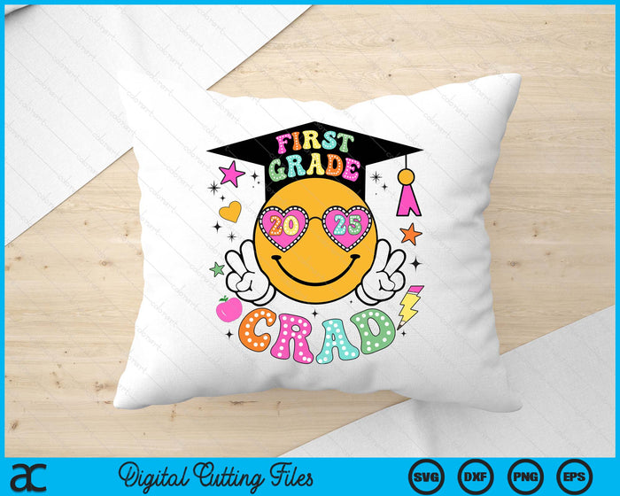 Groovy 1st Grade Graduate Happy Face Graduation 2025 Grad SVG PNG Digital Cutting Files