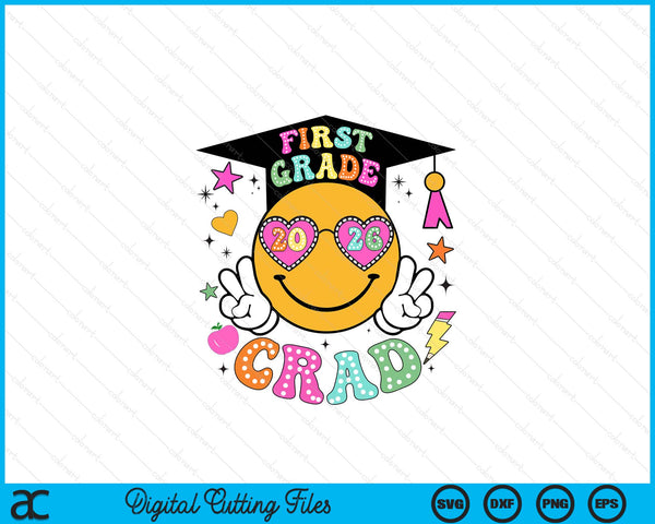 Groovy 1st Grade Graduate Happy Face Graduation 2026 Grad SVG PNG Digital Cutting Files