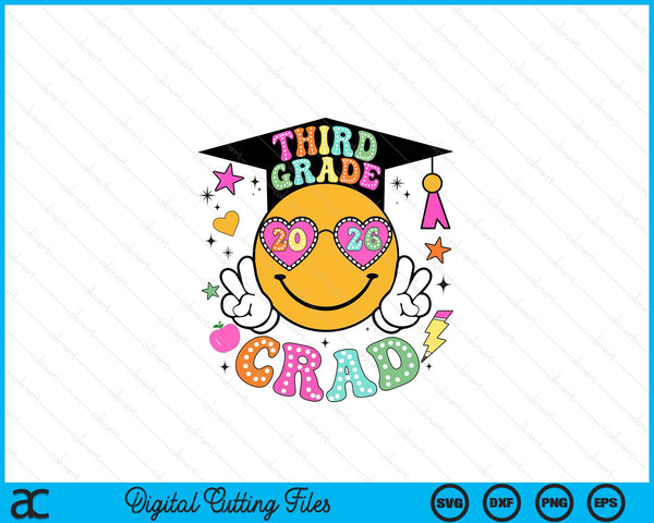 Groovy 3rd Grade Graduate Happy Face Graduation 2026 Grad SVG PNG Digital Cutting Files