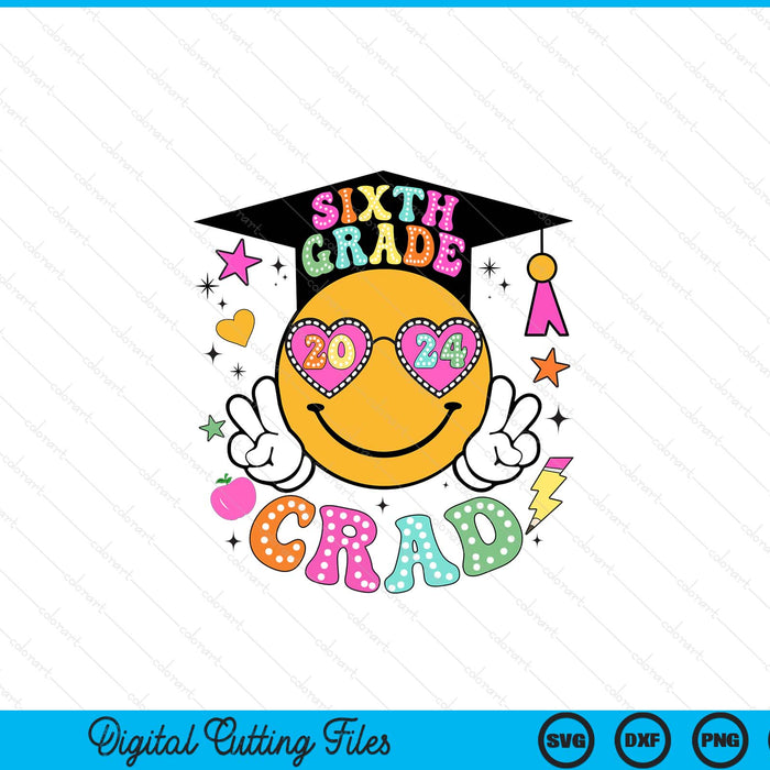 Groovy 6th Grade Graduate Happy Face Graduation 2024 Grad SVG PNG Digital Cutting Files