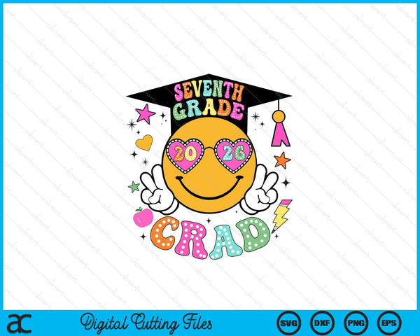 Groovy 7th Grade Graduate Happy Face Graduation 2026 Grad SVG PNG Digital Cutting Files