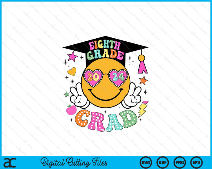 Groovy 8th Grade Graduate Happy Face Graduation 2024 Grad SVG PNG Cutting Files