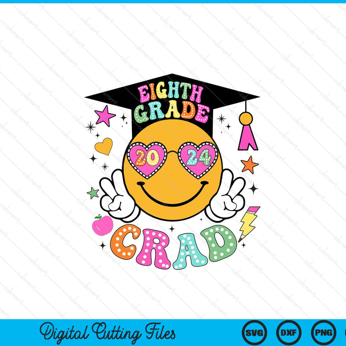 Groovy 8th Grade Graduate Happy Face Graduation 2024 Grad SVG PNG Digital Cutting Files
