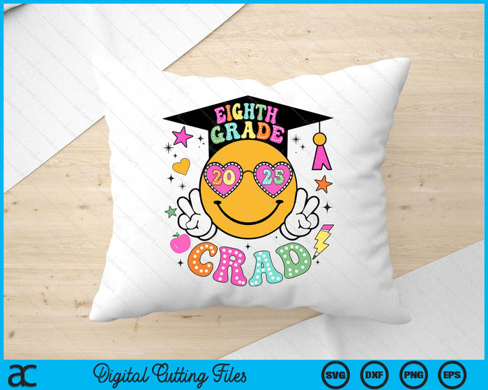 Groovy 8th Grade Graduate Happy Face Graduation 2025 Grad SVG PNG Digital Cutting Files