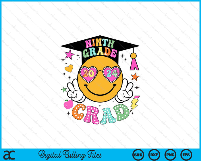 Groovy 9th Grade Graduate Happy Face Graduation 2024 Grad SVG PNG Digital Cutting Files