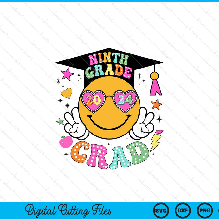 Groovy 9th Grade Graduate Happy Face Graduation 2024 Grad SVG PNG Digital Cutting Files