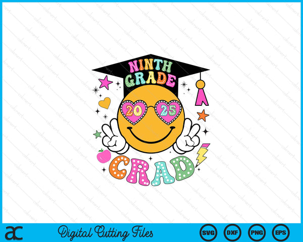 Groovy 9th Grade Graduate Happy Face Graduation 2025 Grad SVG PNG Digital Cutting Files