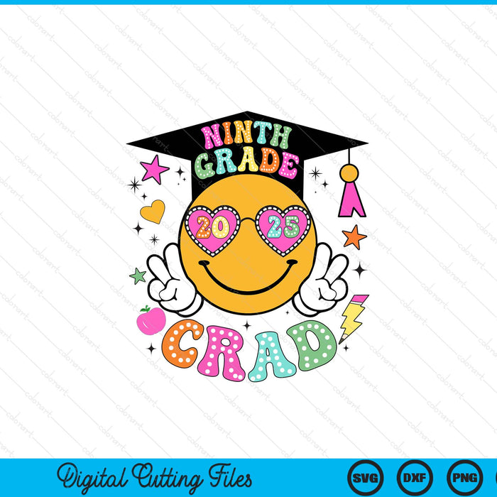 Groovy 9th Grade Graduate Happy Face Graduation 2025 Grad SVG PNG Digital Cutting Files