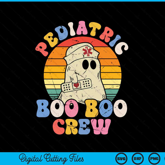 Pediatric boo boo crew ghost nurse on a retro sunset, pediatric nurse Halloween SVG