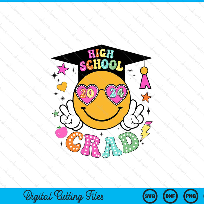 Groovy High school Graduate Happy Face Graduation 2024 Grad SVG PNG Digital Cutting Files