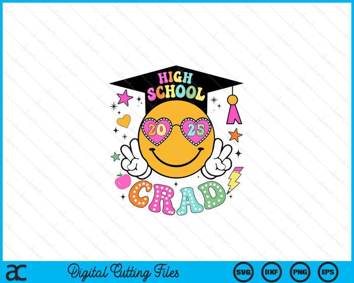 Groovy High school Graduate Happy Face Graduation 2025 Grad SVG PNG Digital Cutting Files