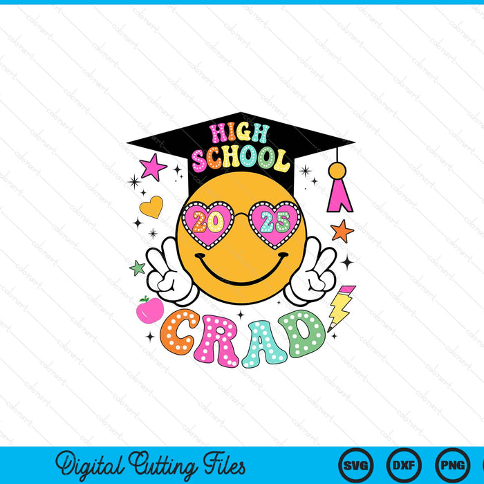 Groovy High school Graduate Happy Face Graduation 2025 Grad SVG PNG Digital Cutting Files