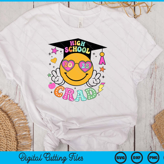 Groovy High school Graduate Happy Face Graduation 2025 Grad SVG PNG Digital Cutting Files