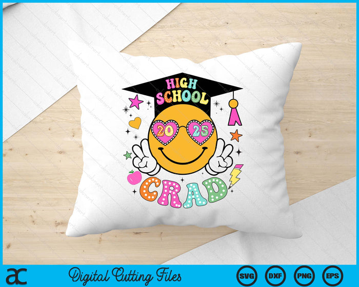 Groovy High school Graduate Happy Face Graduation 2025 Grad SVG PNG Digital Cutting Files