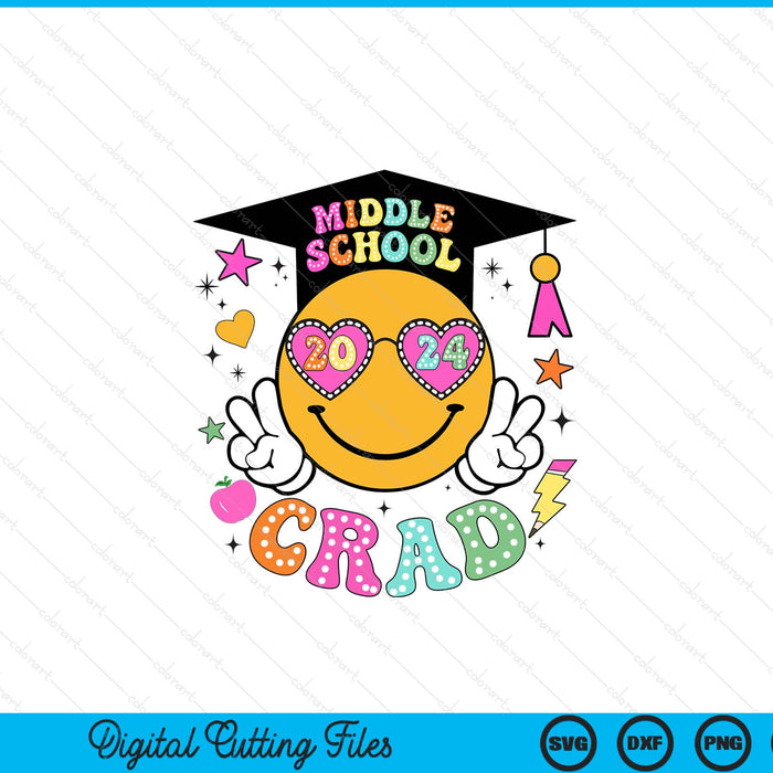 Groovy Middle school Graduate Happy Face Graduation 2024 Grad SVG PNG Digital Cutting Files