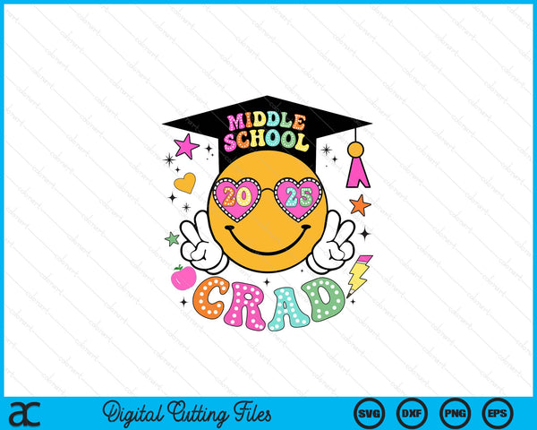 Groovy Middle school Graduate Happy Face Graduation 2025 Grad SVG PNG Digital Cutting Files