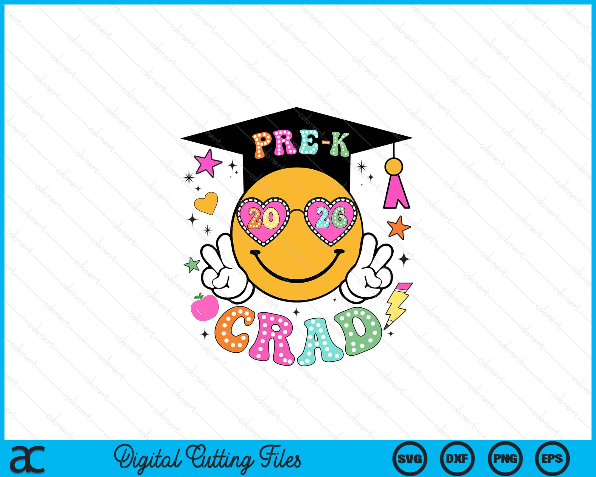 Grad Face Sign Groovy Pre-K Graduate Happy Face Graduation 2026 Grad SVG PNG Files ...
