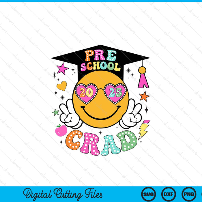 Groovy Preschool Graduate Happy Face Graduation 2025 Grad SVG PNG Digital Cutting Files