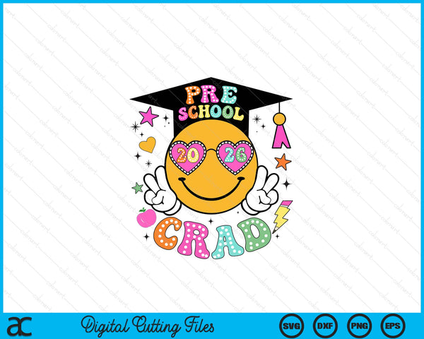 Groovy Preschool Graduate Happy Face Graduation 2026 Grad SVG PNG Digital Cutting Files