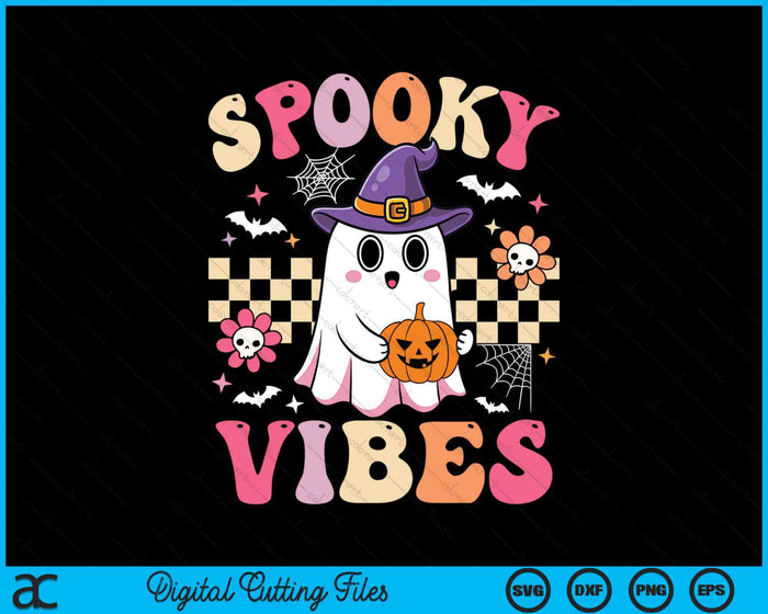 Groovy Spooky Vibes Retro Ghost Holding Pumpkin Halloween SVG PNG Digital Cutting Files