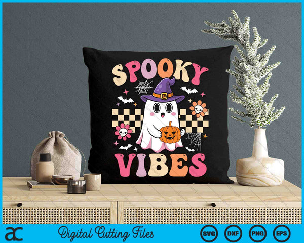 Groovy Spooky Vibes Retro Ghost Holding Pumpkin Halloween SVG PNG Digital Cutting Files