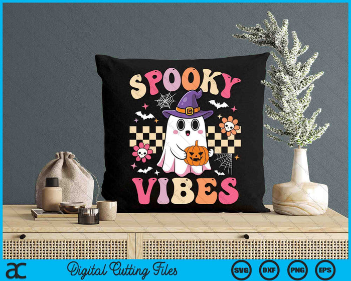 Groovy Spooky Vibes Retro Ghost Holding Pumpkin Halloween SVG PNG Digital Cutting Files