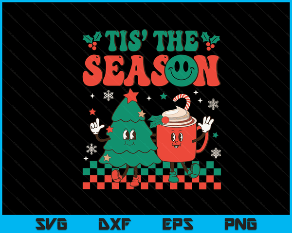 Groovy Tis The Season Christmas Hippie Hot Cocoa Pine Tree SVG PNG digitale snijbestanden