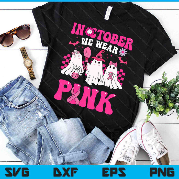 Groovy Wear Pink Breast Cancer Warrior Cute Ghost Halloween SVG PNG digitale snijbestanden