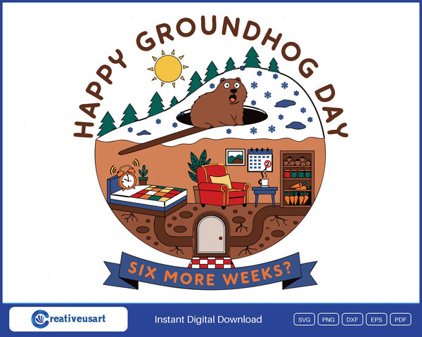 Happy Groundhog Day SVG, shocked groundhog popping out of its hole above a cutaway of its cozy burrow with a bed, armchair and pantry