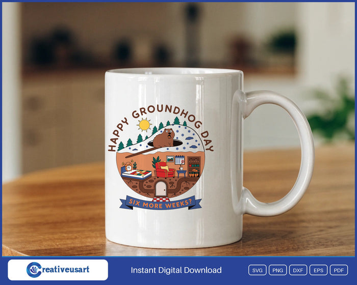 Happy Groundhog Day burrow design on a white coffee mug