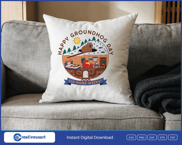Happy Groundhog Day burrow design on a white throw pillow