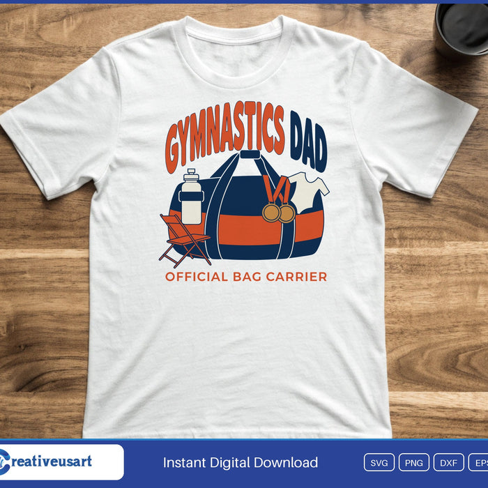A gym duffel bag with medals and a water bottle, with the words Gymnastics Dad, Official Bag Carrier, on a white t-shirt