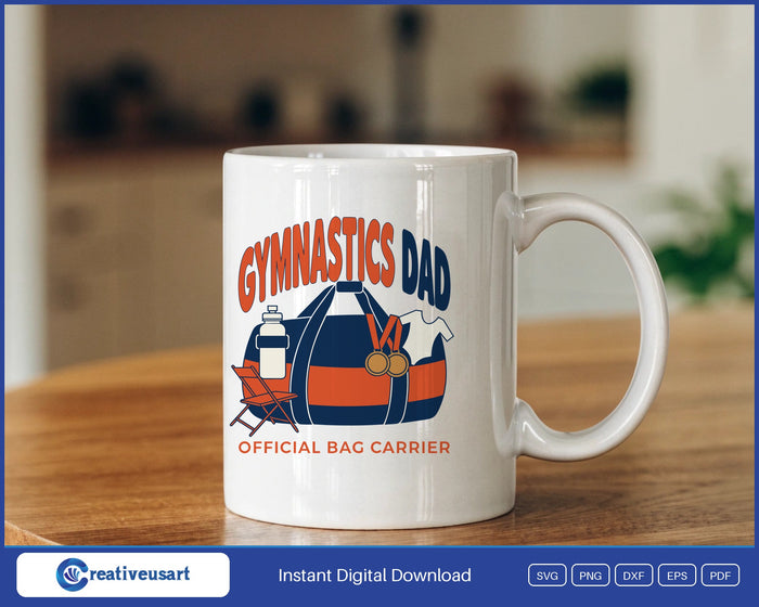Gymnastics Dad Official Bag Carrier with a packed duffel bag and medals SVG design on a white coffee mug