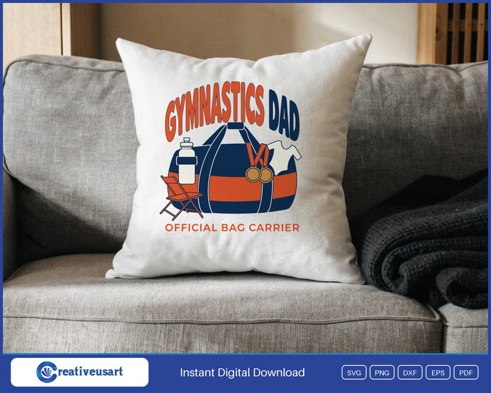 Gymnastics Dad Official Bag Carrier with a packed duffel bag and medals SVG design on a white throw pillow