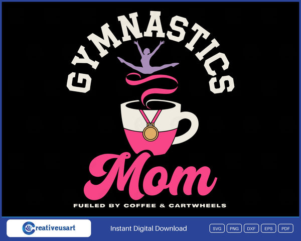 Gymnastics Mom Fueled By Coffee And Cartwheels SVG, a lilac gymnast leaping from a pink coffee cup with a gold medal